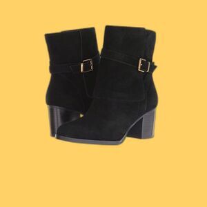 Lauren Ralph Lauren Women's Black Suede Boots Sz 7 Classy Chic Buckle Block Heel